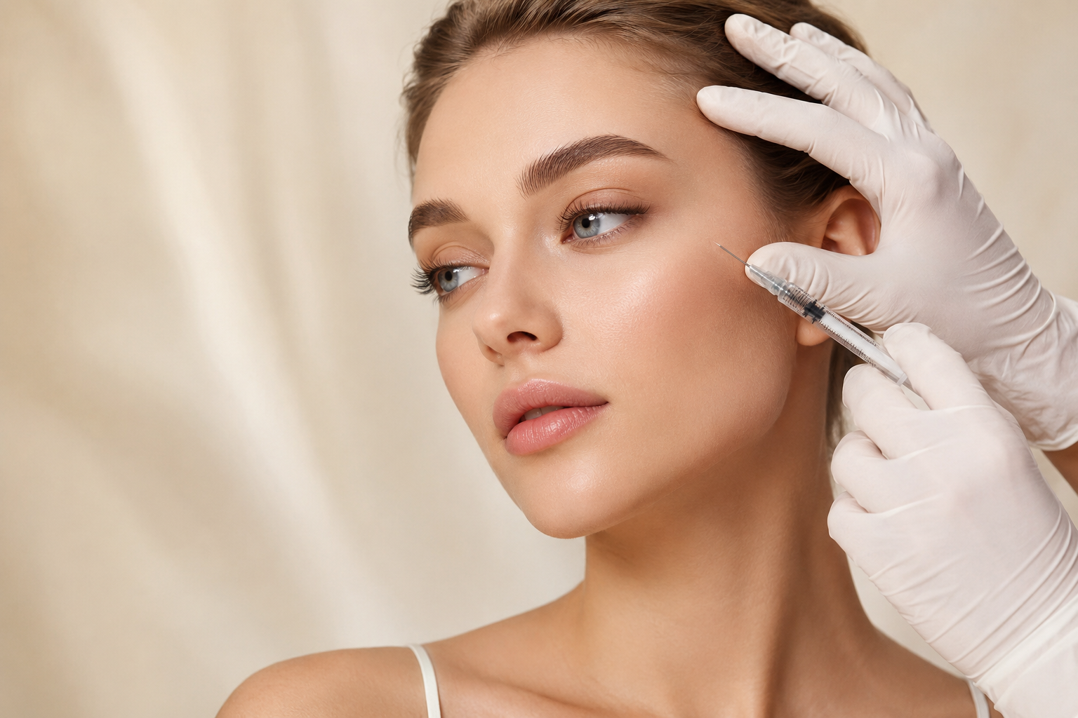 Woman receiving cosmetic Botox injection treatment at a luxury aesthetic clinic in Tokyo