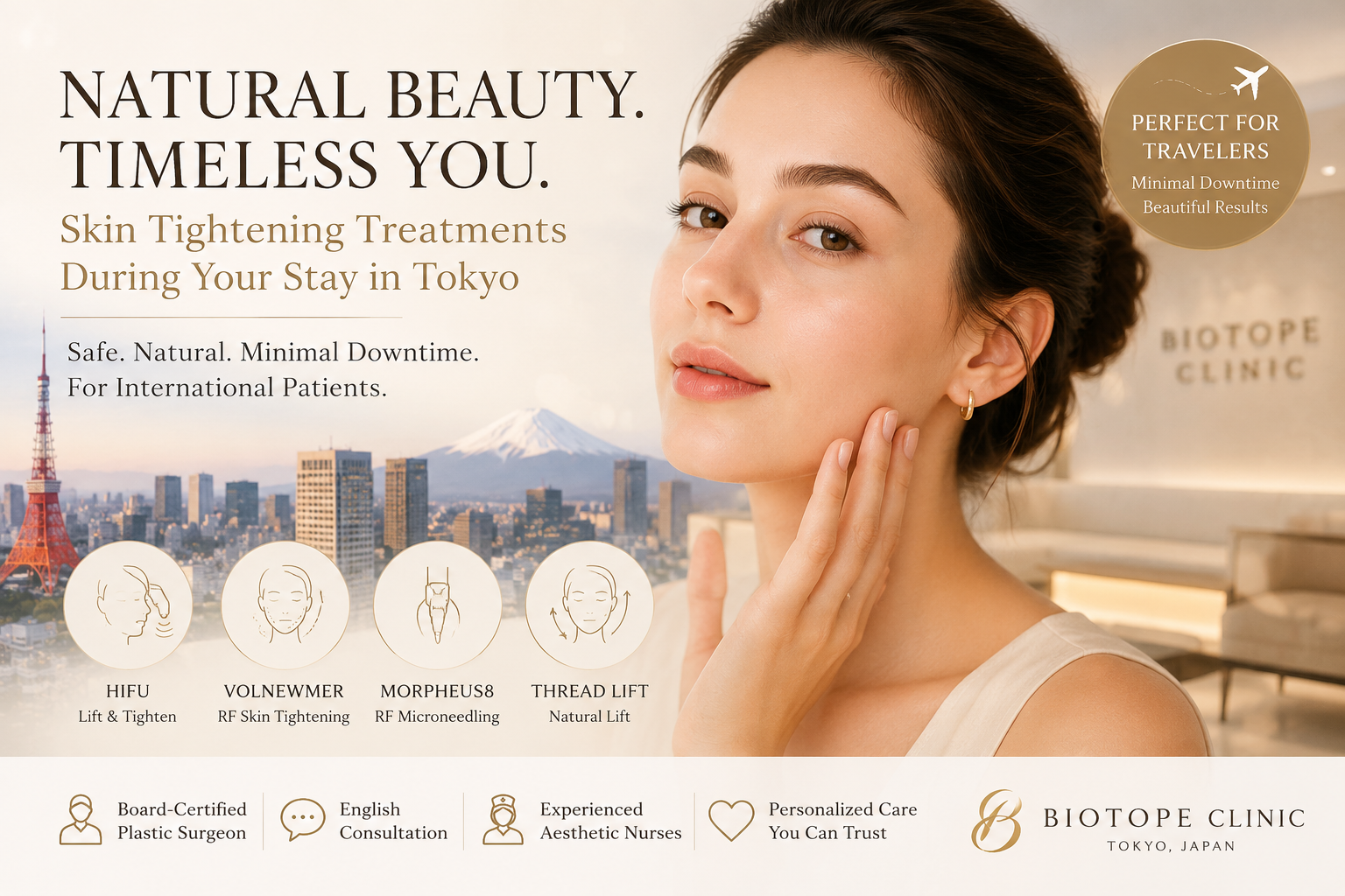 NATURAL BEAUTY. TIMELESS YOU. Minimal Downtime Skin Tightening in Tokyo For International Patients HIFU VOLNEWMER MORPHEUS8 THREAD LIFT English Consultation Available BIOTOPE CLINIC TOKYO JAPAN