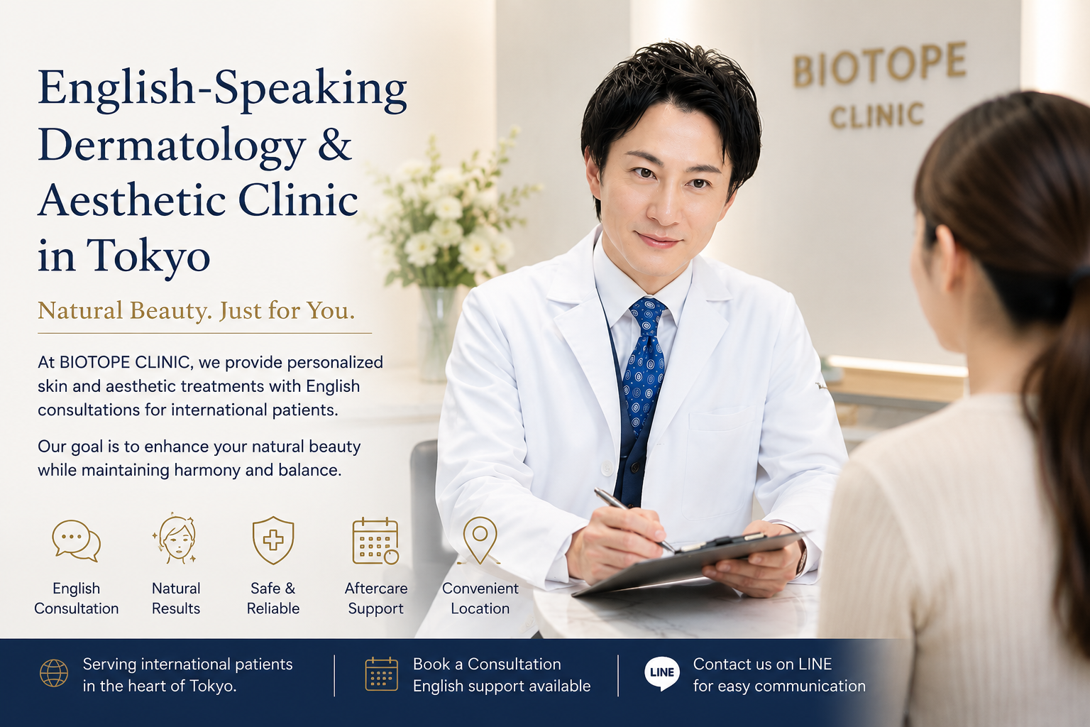 English-speaking dermatologist consultation at BIOTOPE CLINIC in Tokyo with a doctor speaking to an international patient in a modern aesthetic clinic.