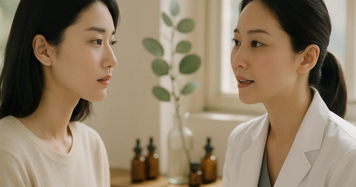 English-speaking dermatologist in Tokyo examining patient skin for acne treatment planning