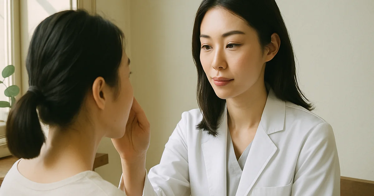 English-speaking dermatologist in Tokyo examining patient skin for eczema diagnosis and treatment